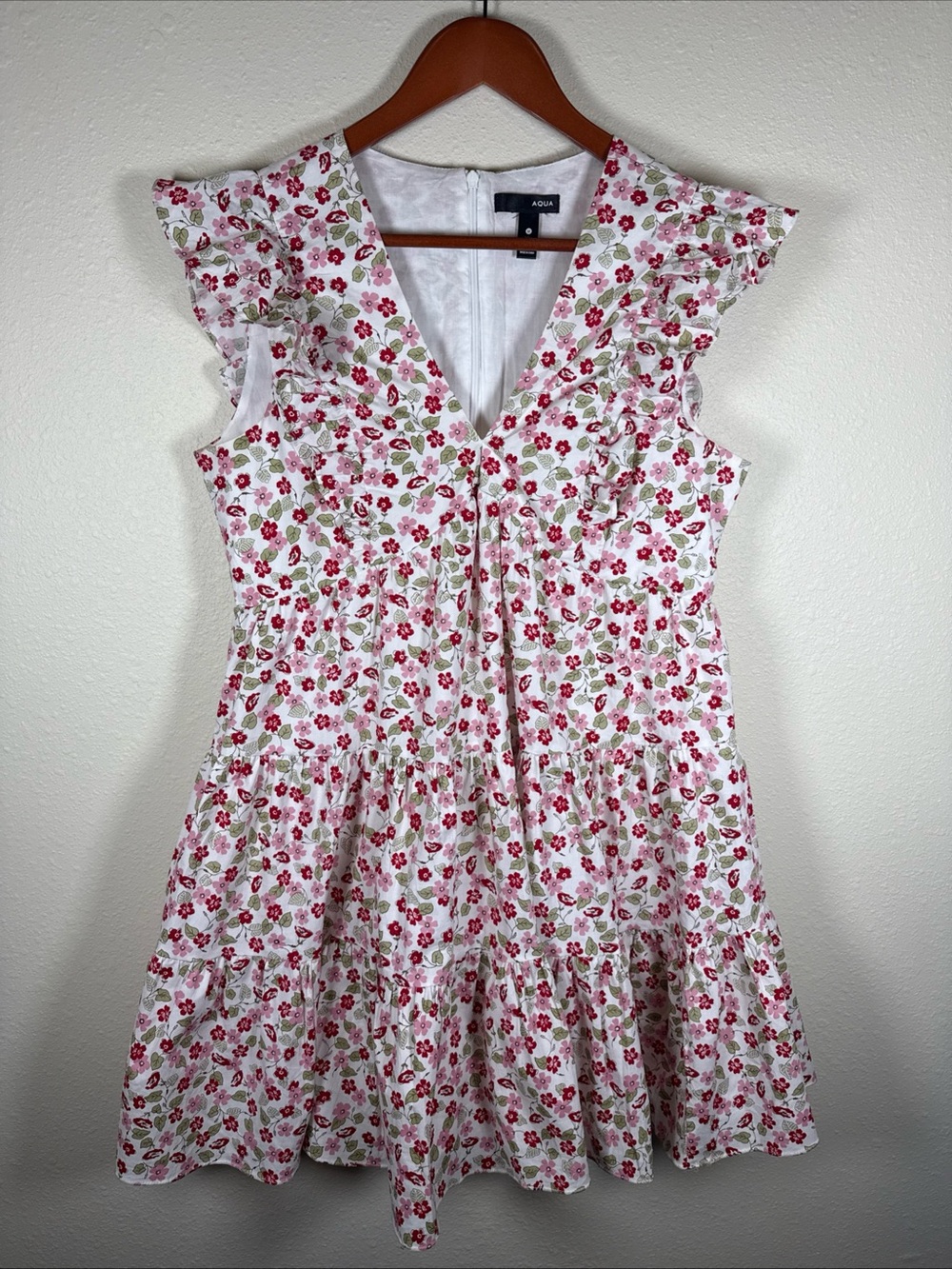 Womens Aqua Pink White Red Sage V-Neck Ruffled Cotton Floral A-Line Dress M